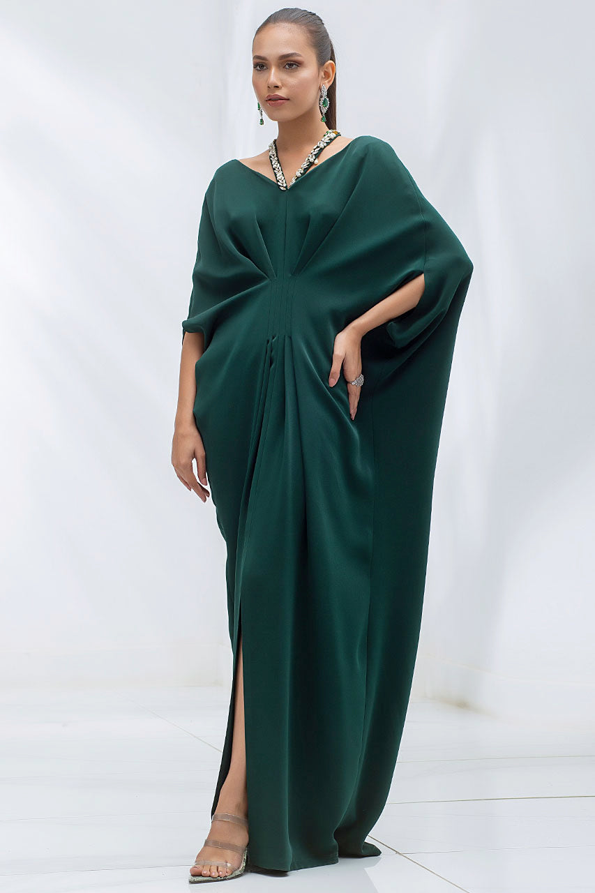 Emerald Kaftan In Italian Crepe With Embellished Strap Detail Sania Maskatiya International Emerald Kaftan In Italian Crepe With Embellished Strap Detail Sania Maskatiya International